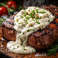 Grilled Steak with Creamy Herbed Goat Cheese Sauce