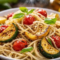 Grilled Summer Squash and Tomatoes with Angel Hair Pasta