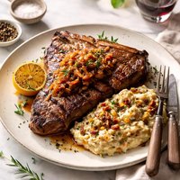 Grilled T Bone Steak with Sweet Onion Marmalade and Campfire Mus