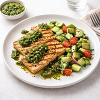 Grilled Tofu with Chimichurri Sauce and Avocado Cucumber Salad