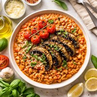 Grilled Tomato Risotto with Roasted Portobello Mushrooms
