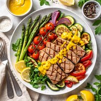 Grilled Tuna Vegetables W Yellow Pepper Sauce