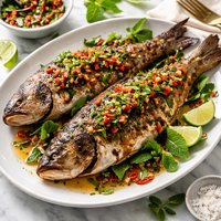 Grilled Whole Fish in Chile Garlic and Mint Sauce a Kremezi