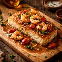 Halibut in Spanish Garlic Shrimp Sauce