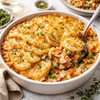 Ham Pot Pie Topped with Scalloped Potato Gratin