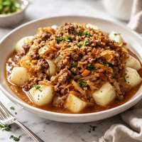 Hamburger Cabbage Gravy Over Steamed Potatoes