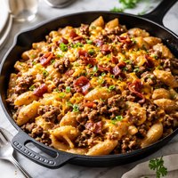 Hamburger Pasta with Cheese and Bacon