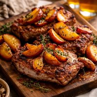 Healthy Baked Pork Chops with Drunk Peaches