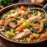 Hearty Mushroom Barley Soup with Chicken and Vegetables