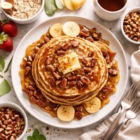 Hearty Oatmeal Pancakes with Maple Pecan Syrup
