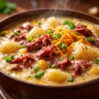 Hearty Potato Soup with Irish Cheddar and Corned Beef
