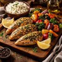Herb-Marinated Chicken with Roasted Vegetables and Steamed Rice