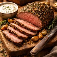 Herb Crusted Sirloin Tip Roast W Creamy Horseradish Chive Sauce