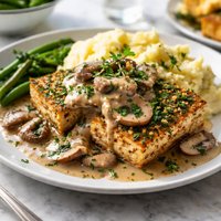 Herb Crusted Tofu with Mushroom Gravy