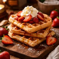 Homemade Waffles with Strawberries and Whipped Cream