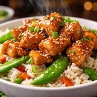 Honey Chicken Over Snow Pea Rice
