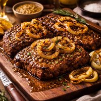 Honey Mustard Steaks with Grilled Onions