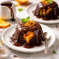 Hot Chocolate and Orange Pudding Served with Chocolate Sauce