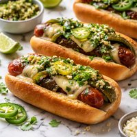Hot Dogs with Poblanos Pepper Jack and Tomatillo