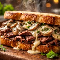 Hot Sandwich with Meat and Mushroom Sauce