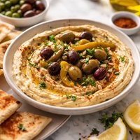 Hummus with Olives and Pepperoncini
