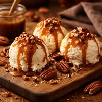 Ice Cream Balls with Pecans and Caramel Sauce