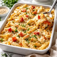 Imitation Crab and Pasta Alfredo Bake