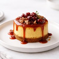 Individual Pumpkin Cheesecakes with Cranberry Caramel Sauce