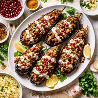 Iranian Stuffed Aubergines with Coconut and Almond Sauce