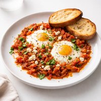 Israeli Shakshuka Skillet Poached Eggs with Salsa