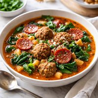 Italian Style Pepperoni and Spinach Soup with Meatballs