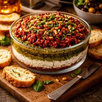 Layered Sun Dried Tomato and Basil Pesto Dip