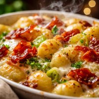 Leek and Gnocchi Bake with Three Cheeses and Crispy Prosciutto