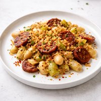 Leek Butter Bean and Chorizo Gratin