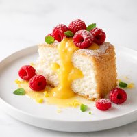 Lemon Angel Food Cake Filled with Lemon Curd and Fresh Raspberry