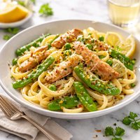 Lemon Chicken Fettuccine with Snow Peas