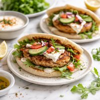 Lemon Chicken Pita Burgers with Spiced Yogurt Sauce