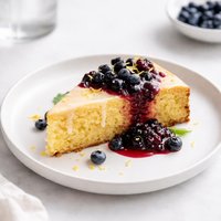 Lemon Cornmeal Cake with Lemon Glaze and Crushed Blueberry Sauce