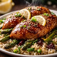 Lemon Hoisin Glazed Chicken on Roasted Asparagus Cherry Rice