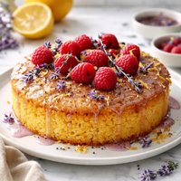 Lemon Polenta Cake with Lavender Syrup and Raspberries