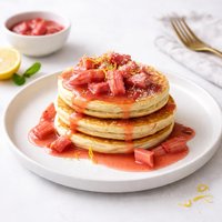 Lemon Ricotta Pancakes with Rhubarb Sauce