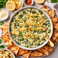 Lemony Spinach Artichoke Dip with Pita Crisps