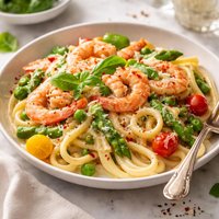 Light but Creamy Fettuccine with Shrimp Vegetables