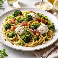 Linguine with Broccoli Peas Ricotta and Bacon