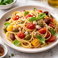 Linguine with Fresh Tomatoes Olives and Feta Cheese