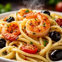 Linguine with Grilled Shrimp and Black Olives