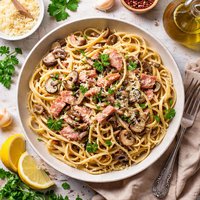 Linguine with Mushrooms and Ham Sauce