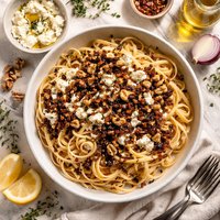 Linguine with Onion Confit Goat Cheese and Walnuts