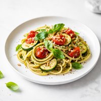 Linguine with Pesto Tomato and Zucchini