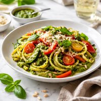 Linguine with Three Colors Vegetables and Pesto Sauce